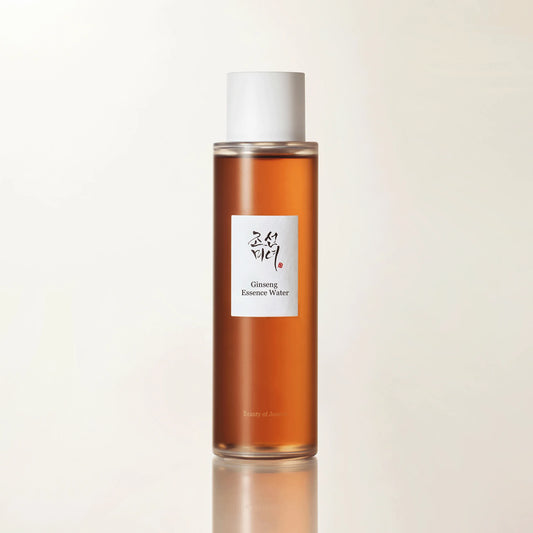 Close-up skincare product shot of Ginseng Essence Water bottle reflecting clean Korean herbal skincare aesthetic.