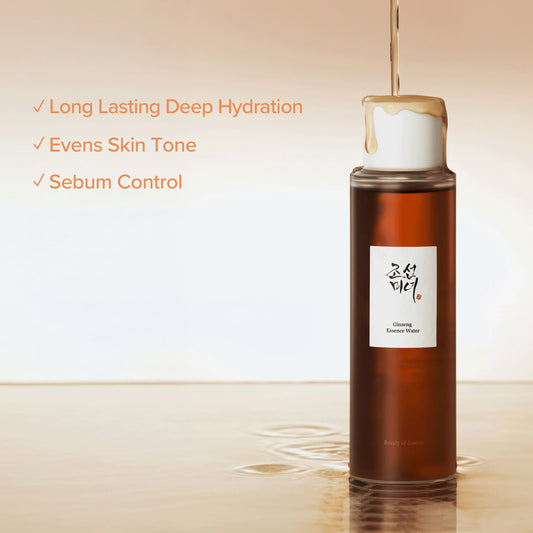 Beauty of Joseon Ginseng Essence Water bottle with amber liquid placed in warm minimal background showing hydration flow.