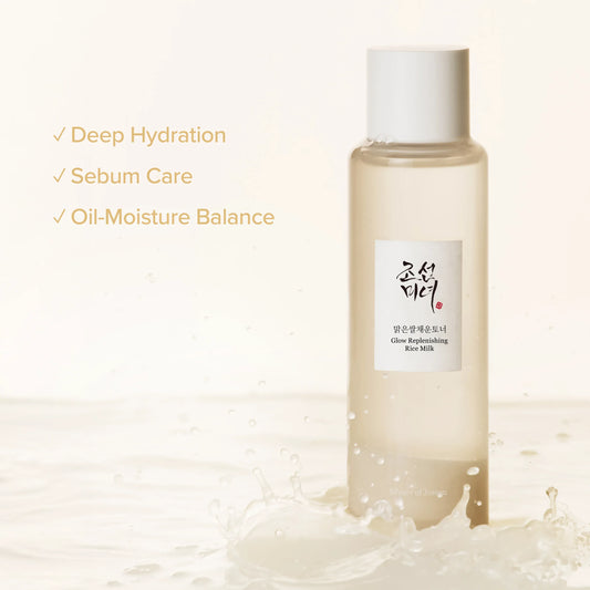 Beauty of Joseon Glow Replenishing Rice Milk bottle showing dual-layer toner concept with soft rice milk texture aesthetic.
