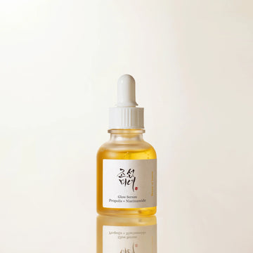 Beauty of Joseon Glow Serum Propolis + Niacinamide bottle with golden liquid dropper, highlighting pore care and skin glow benefits in a clean minimal skincare aesthetic