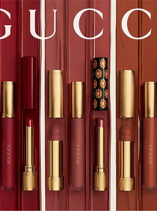 Gucci lipstick and liquid lip color collection with cream swatches on ZARÉ Cosmetics