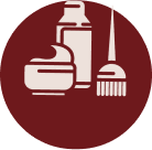 Minimalist hair dye kit icon with cream jar, developer bottle, and brush inside a maroon circular logo backdrop at ZARÉ Cosmetics