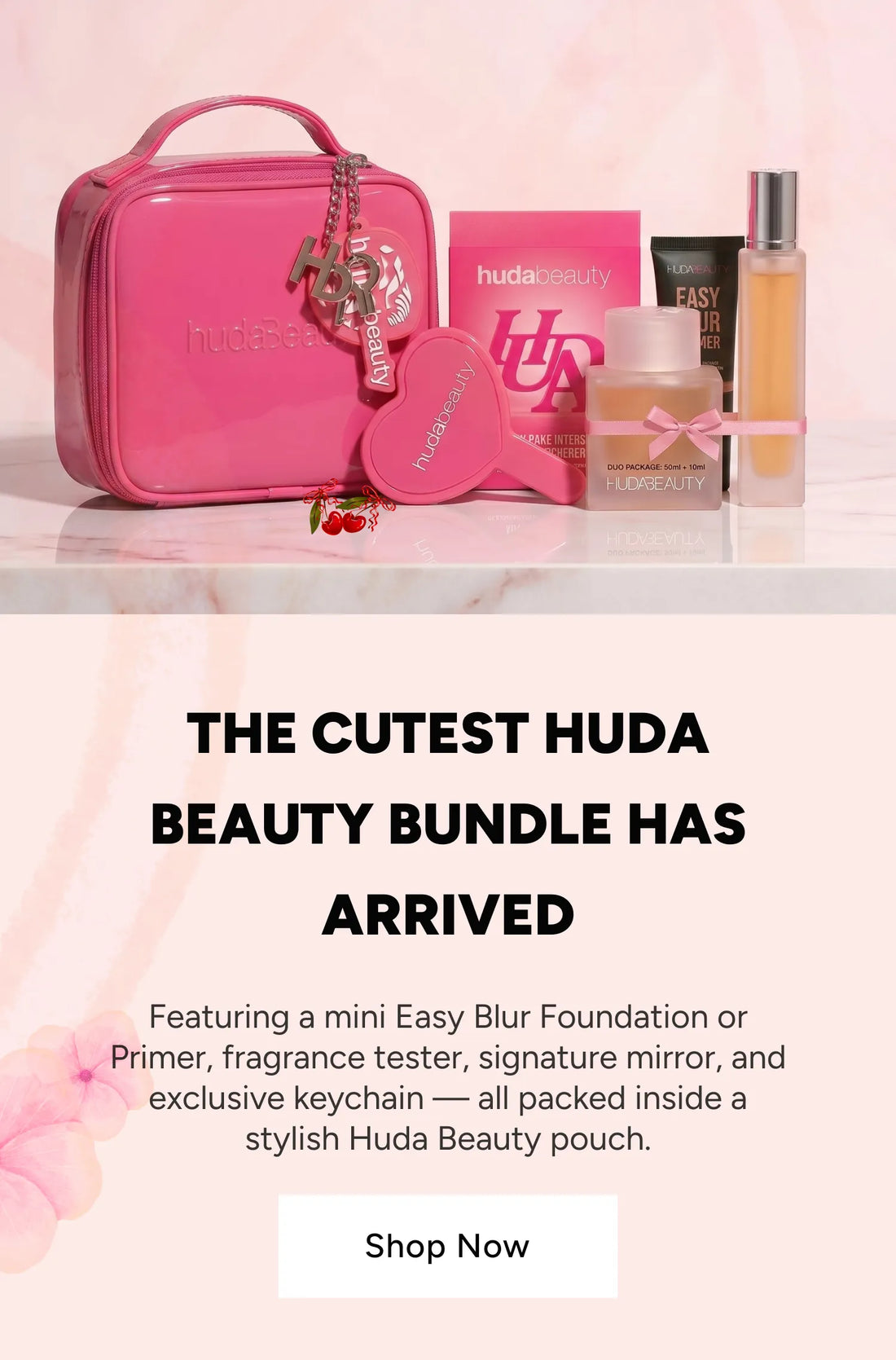 Huda Beauty Easy Bake Intense Duo complete gift set featuring Easy Blur Primer, fragrance duo, heart mirror and vanity bag – Shop Now at Zare Cosmetics Pakistan