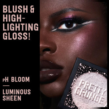 Huda Beauty Pretty Grunge Blush and Highlighting Gloss on deep skin tone with pH Bloom luminous sheen look at ZARÉ Cosmetics