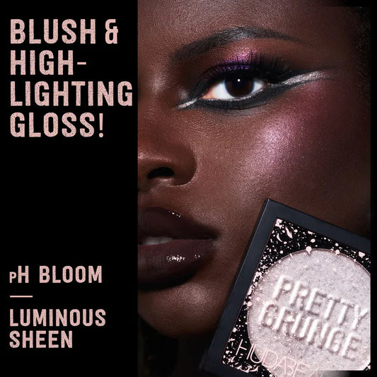 Huda Beauty Pretty Grunge Blush and Highlighting Gloss on deep skin tone with pH Bloom luminous sheen look at ZARÉ Cosmetics