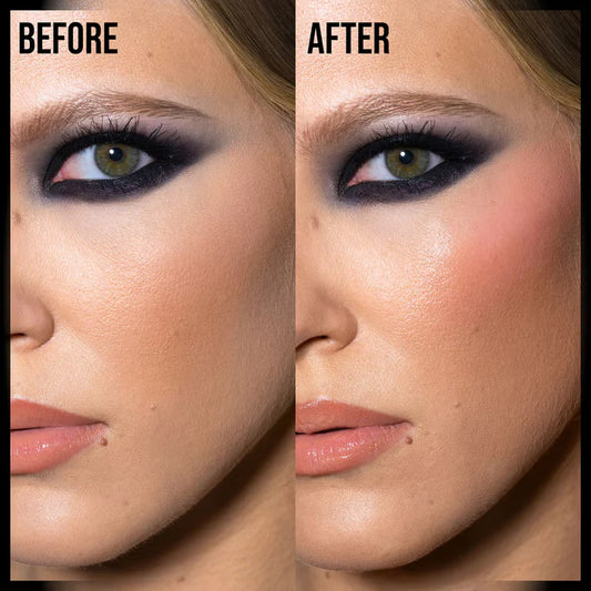 Huda Beauty Pretty Grunge blush before and after side by side look showing a pink luminous cheek sheen at ZARÉ Cosmetics