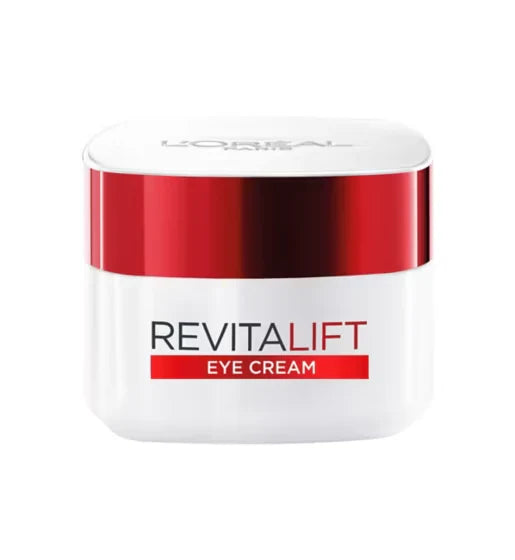L'Oreal Paris Revitalift Eye Cream anti-wrinkle moisturizer jar with a metallic red lid isolated on ZARÉ Cosmetics