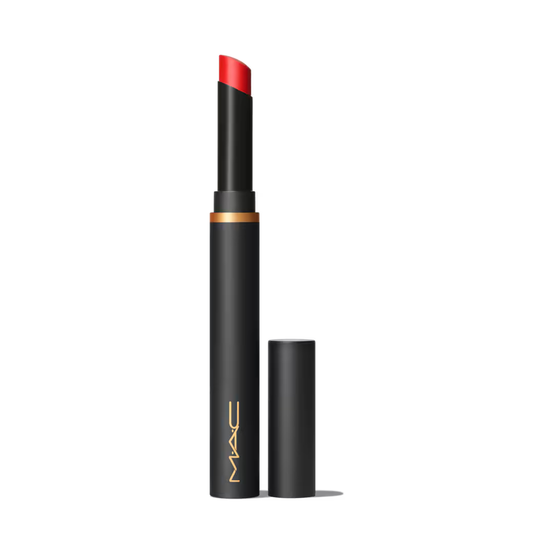 MAC Locked Kiss Ink 24hr lipstylo matte lipstick in a bright red shade with a sleek black tube at ZARÉ Cosmetics