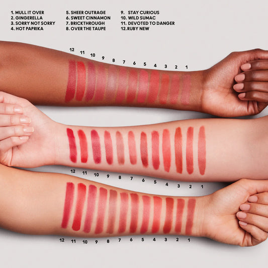 MAC Locked Kiss Ink 24hr lipstylo lipstick swatches in twelve shades on three different skin tones at ZARÉ Cosmetics