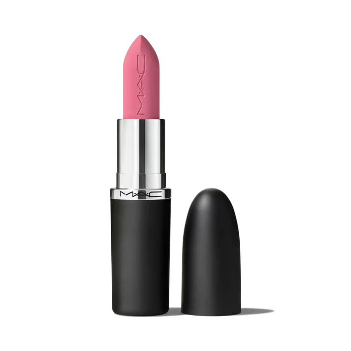 MAC matte lipstick bullet in a vibrant pink shade standing next to its classic black cap at ZARÉ Cosmetics