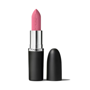 MAC matte lipstick bullet in a vibrant pink shade standing next to its classic black cap at ZARÉ Cosmetics
