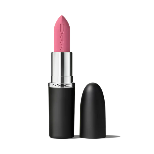 MAC matte lipstick bullet in a vibrant pink shade standing next to its classic black cap at ZARÉ Cosmetics