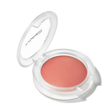 MAC Glow Play tendertalk lip balm or blush in a coral pink shade with an open clear compact lid at ZARÉ Cosmetics