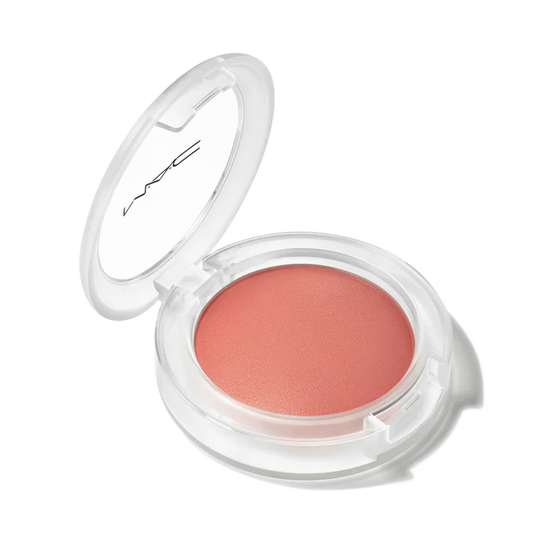 MAC Glow Play tendertalk lip balm or blush in a coral pink shade with an open clear compact lid at ZARÉ Cosmetics