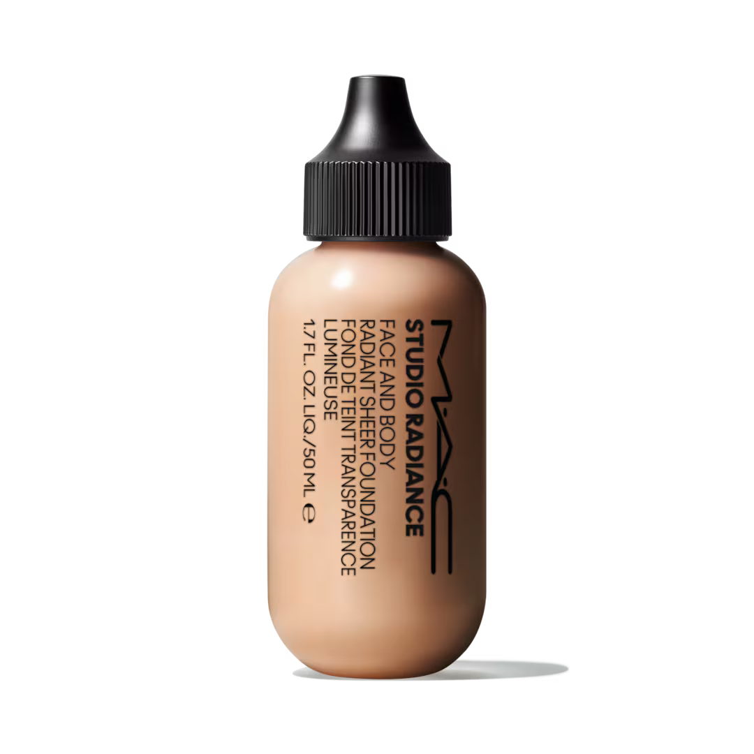 MAC Studio Radiance Face and Body Foundation shade N1 on black background.
