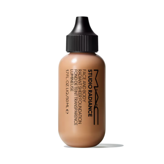 MAC Studio Radiance Face and Body Foundation shade N2 on black background.