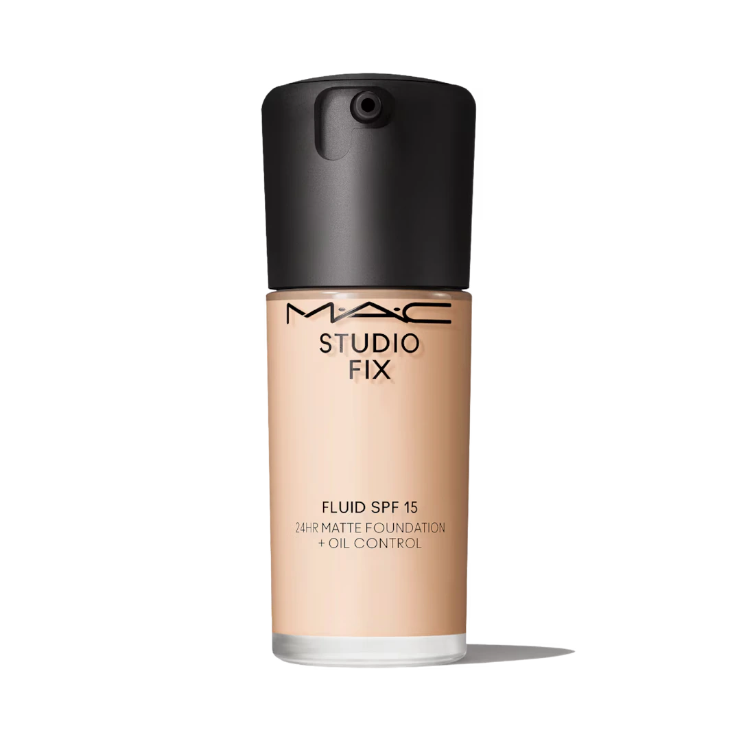 MAC Studio Fix Fluid SPF 15 24HR matte foundation bottle with pump isolated on white background at ZARÉ Cosmetics