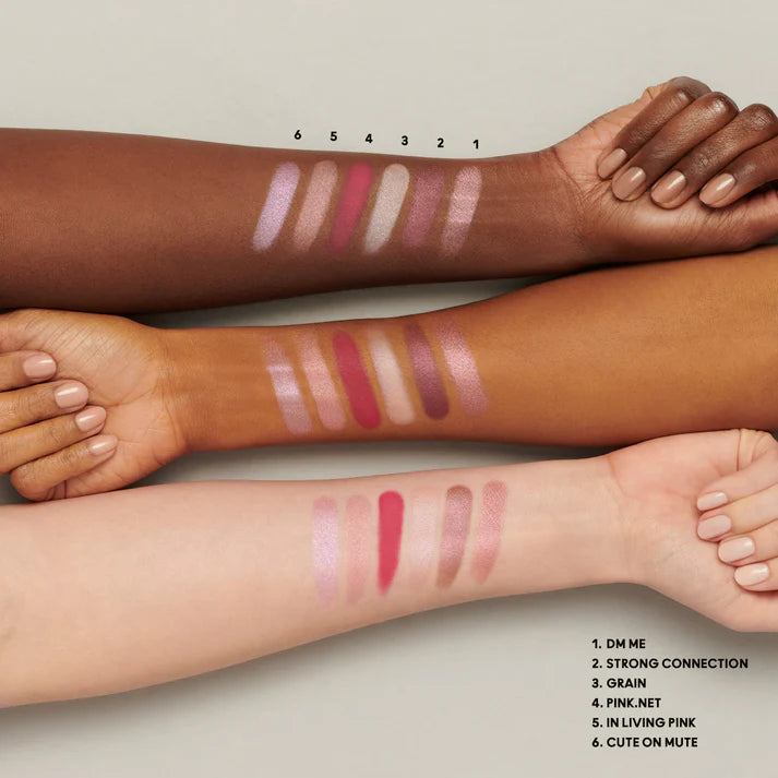 MAC Connect In Colour eyeshadow arm swatches from shades 1 to 6 on three different skin tones at ZARÉ Cosmetics