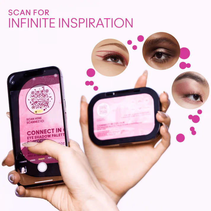 MAC Connect In Colour eyeshadow palette QR code scan infographic showing makeup inspiration at ZARÉ Cosmetics
