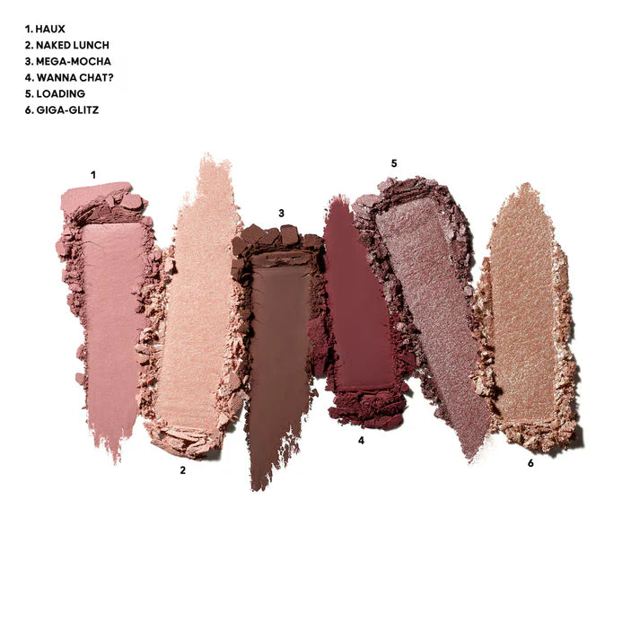 MAC eyeshadow swatches from 1 to 6 featuring Haux, Naked Lunch, and Mega-Mocha shades isolated on white at ZARÉ Cosmetics