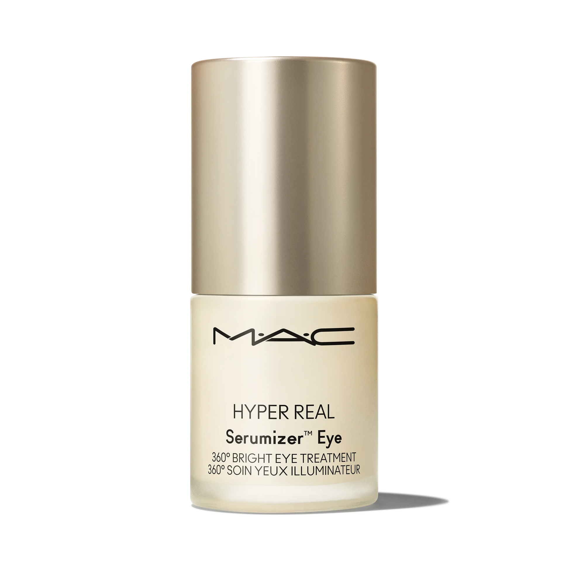 MAC Hyper Real Serumizer Eye bright eye treatment bottle on black background.