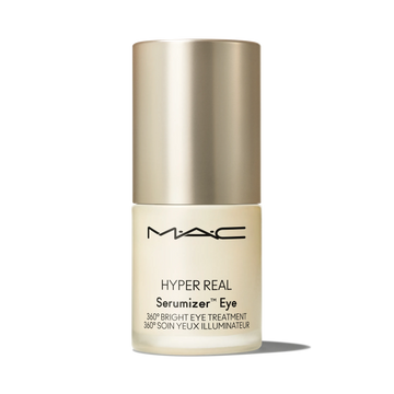 MAC Hyper Real Serumizer Eye bright eye treatment bottle on black background.