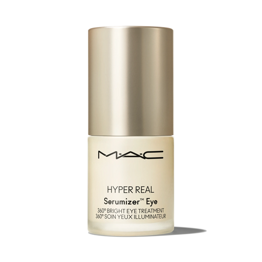 MAC Hyper Real Serumizer Eye bright eye treatment bottle on black background.