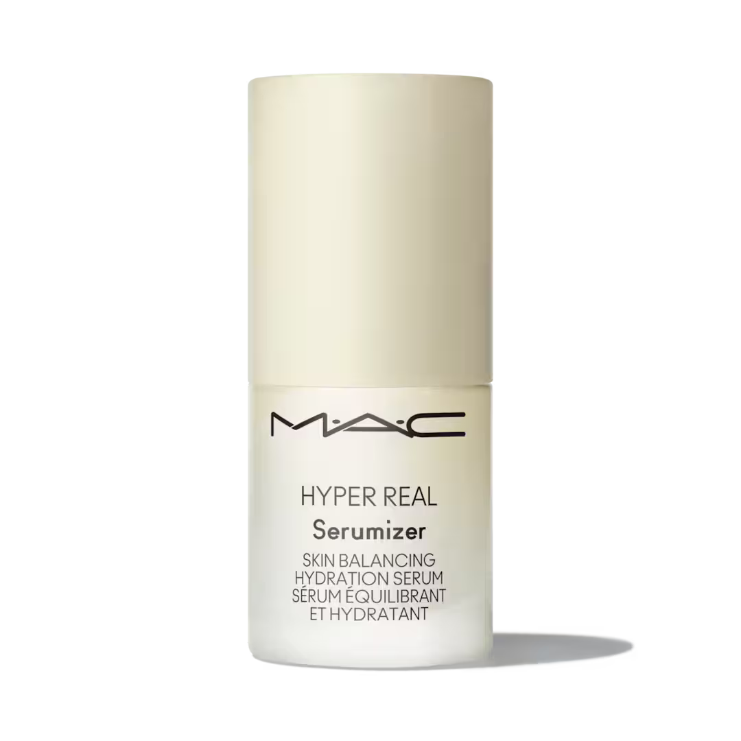 MAC Hyper Real Serumizer hydration serum bottle on black background.