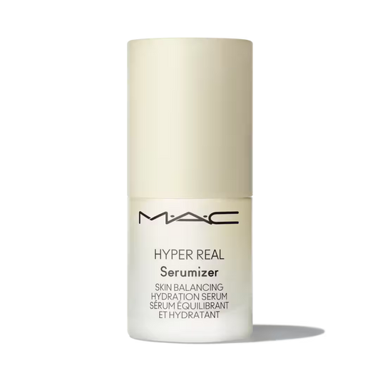 MAC Hyper Real Serumizer hydration serum bottle on black background.