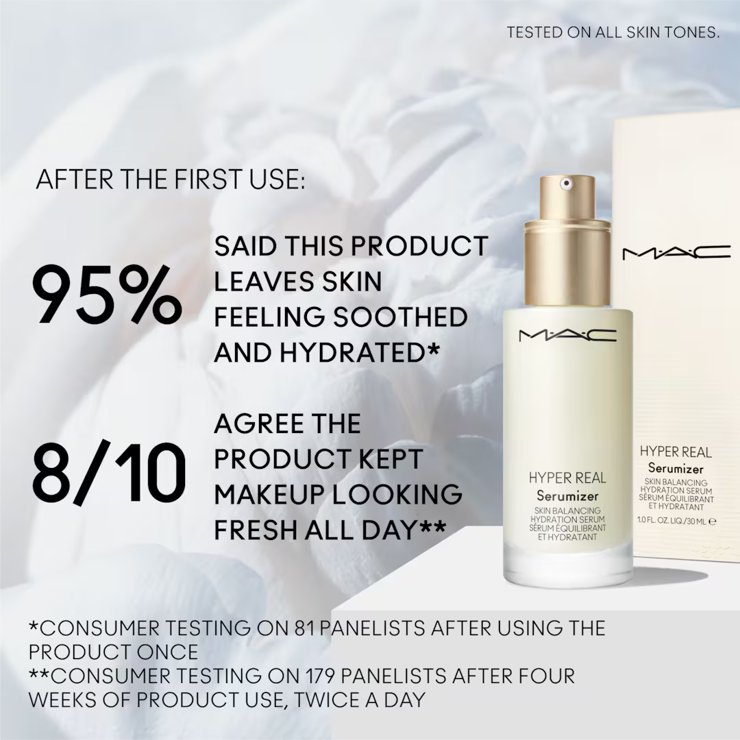 MAC Hyper Real Serumizer product display with hydration and makeup freshness claims.