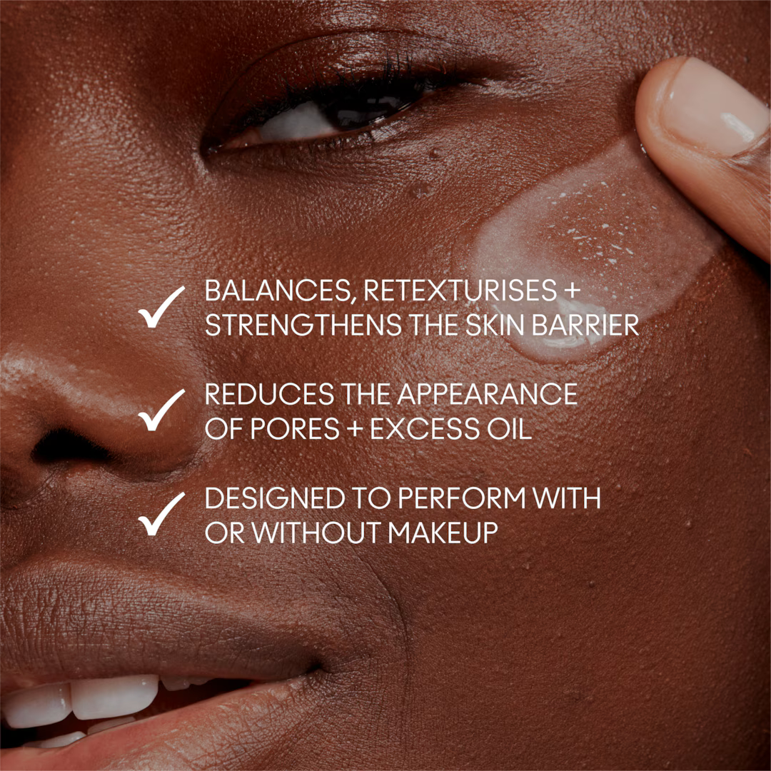 Serum applied on skin showing barrier support and pore-refining benefits.