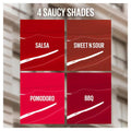 Four Maybelline Super Stay Vinyl Ink Sauce shade swatches labelled Salsa, Sweet N Sour, Pomodoro and BBQ, with Pomodoro in bright red and BBQ in deep burgundy