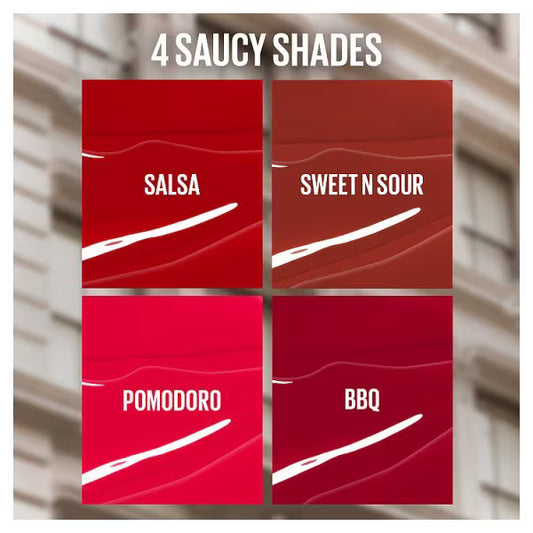 Four Maybelline Super Stay Vinyl Ink Sauce shade swatches labelled Salsa, Sweet N Sour, Pomodoro and BBQ, with Pomodoro in bright red and BBQ in deep burgundy