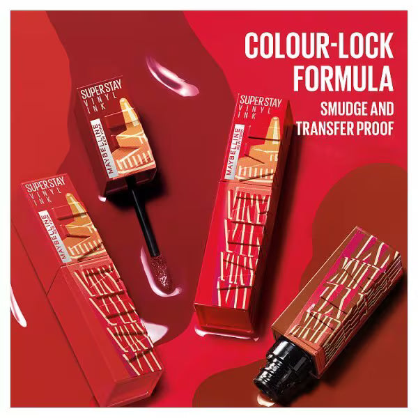 Maybelline Super Stay Vinyl Ink Sauce tubes and doe-foot applicator on a red background with the claim colour-lock formula, smudge and transfer proof