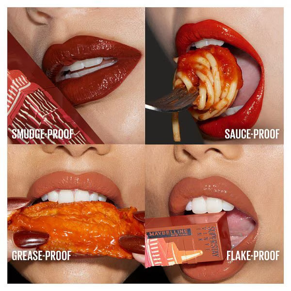 Four close-ups of lips wearing Maybelline Super Stay Vinyl Ink Sauce, labelled smudge-proof, sauce-proof, grease-proof and flake-proof