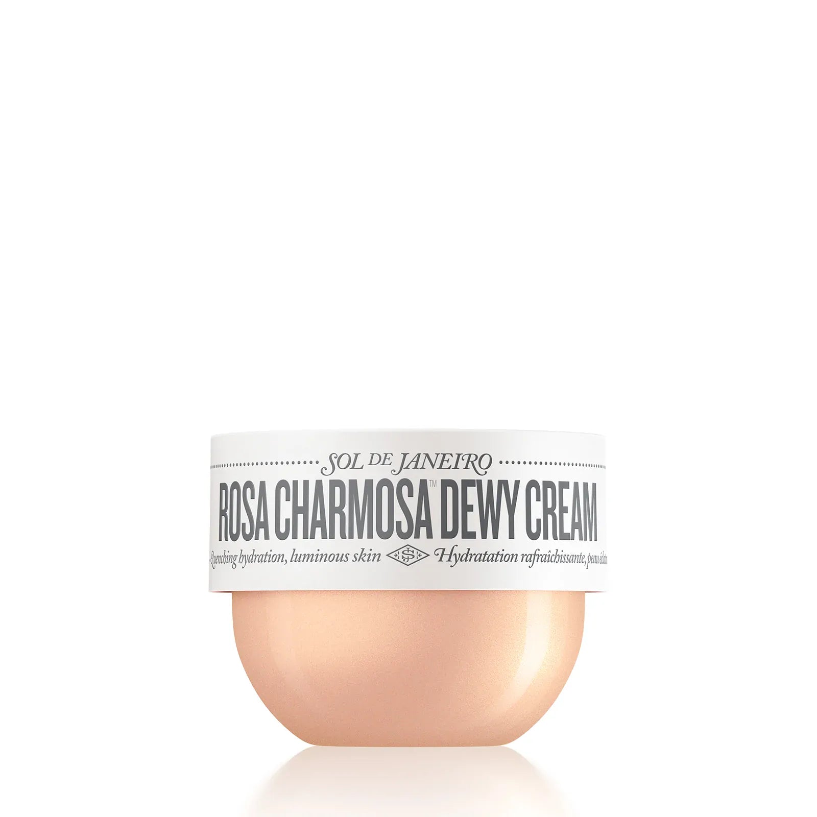Sol de Janeiro Rosa Charmosa Dewy Cream 75ml jar with peach-colored cream and white cap, front view.