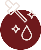 Minimalist skincare serum dropper icon with sparkle graphics inside a maroon circular logo backdrop at ZARÉ Cosmetics