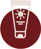 Minimalist sunscreen squeeze tube icon with sun graphic inside a maroon circular logo backdrop at ZARÉ Cosmetics