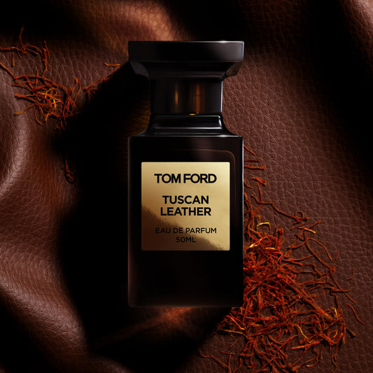 Tom Ford Tuscan Leather Eau de Parfum bottle with leather and saffron styling.