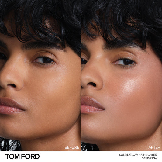Before and after model showing Tom Ford Soleil Glow Highlighter 03 Portofino glow effect.