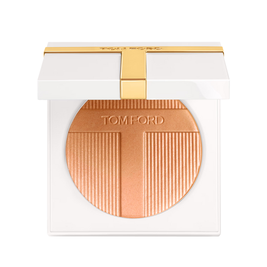 Tom Ford Soleil Glow Highlighter in 03 Portofino compact on black background.