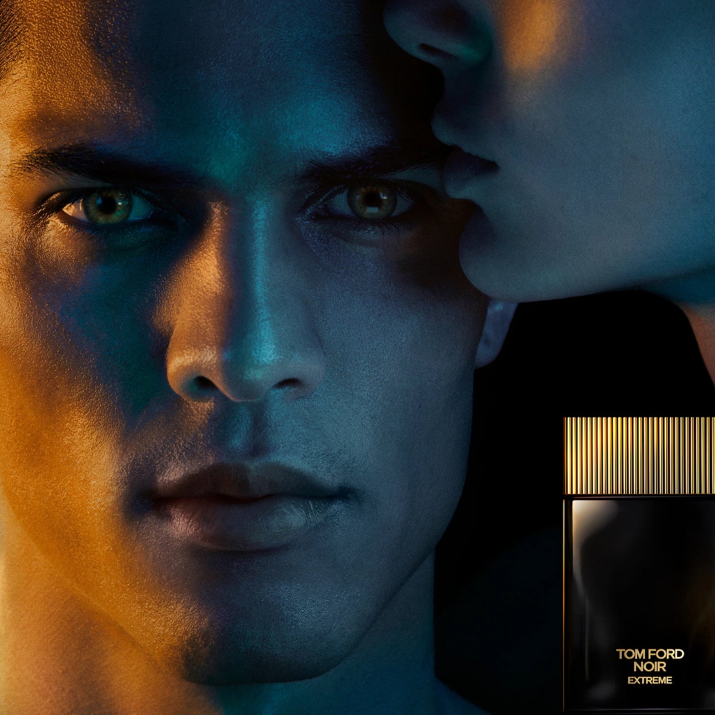 Tom Ford Noir Extreme campaign banner featuring models with dramatic lighting and a perfume bottle at ZARÉ Cosmetics