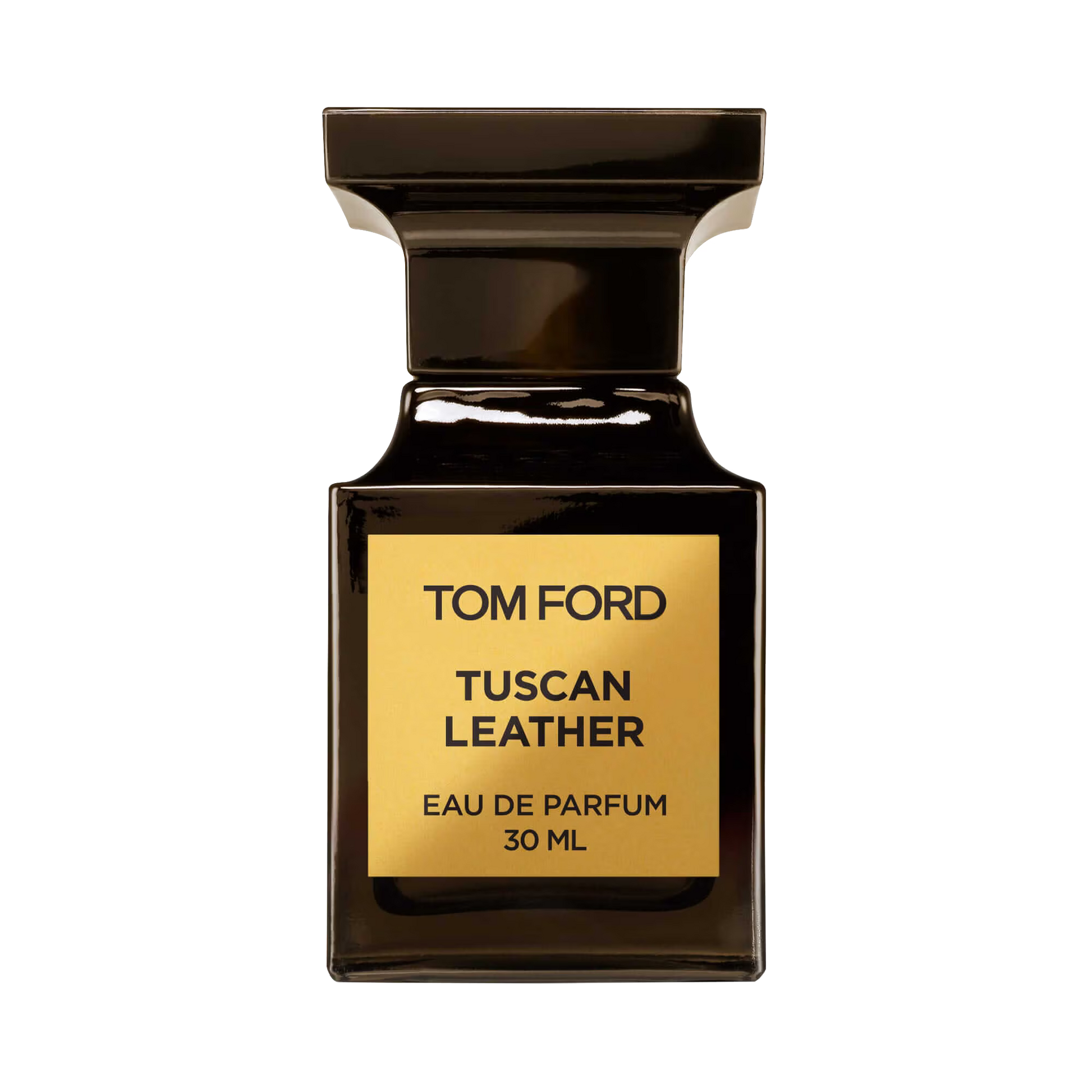 Tom Ford Tuscan Leather Eau de Parfum 30ml bottle on black background.