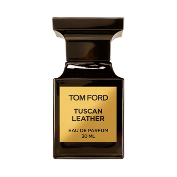 Tom Ford Tuscan Leather Eau de Parfum 30ml bottle on black background.