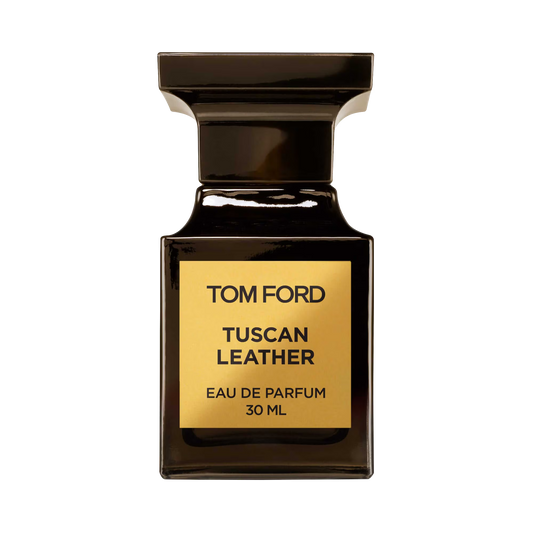 Tom Ford Tuscan Leather Eau de Parfum 30ml bottle on black background.
