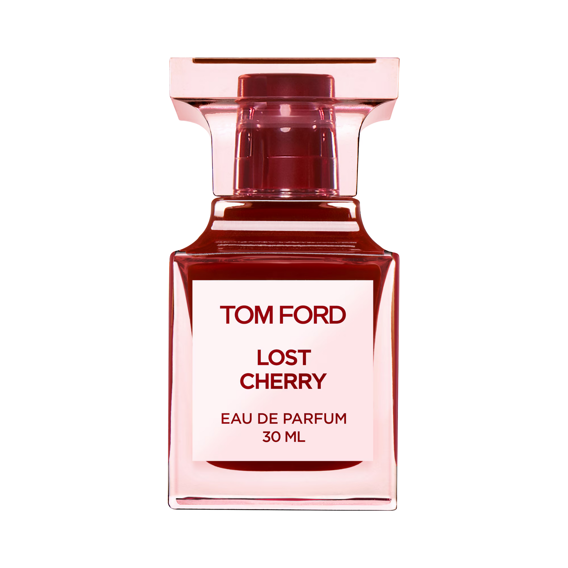 Tom Ford Lost Cherry Eau de Parfum 30ml red luxury glass bottle with gold detailing on black background close-up studio product shot