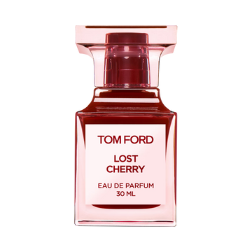 Tom Ford Lost Cherry Eau de Parfum 30ml red luxury glass bottle with gold detailing on black background close-up studio product shot