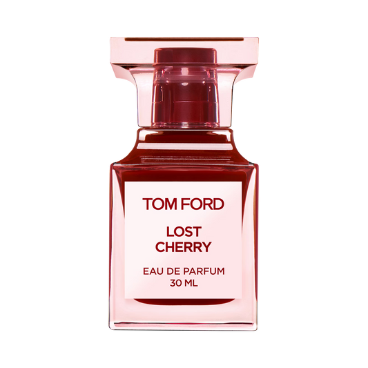 Tom Ford Lost Cherry Eau de Parfum 30ml red luxury glass bottle with gold detailing on black background close-up studio product shot