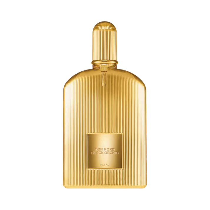 Tom Ford Black Orchid Parfum 100ml gold metallic bottle isolated on a white background at ZARÉ Cosmetics