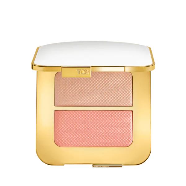 Tom Ford Soleil Sheer Cheek Duo in Eclat Nu featuring highlighter and blush powders in a gold compact at ZARÉ Cosmetics